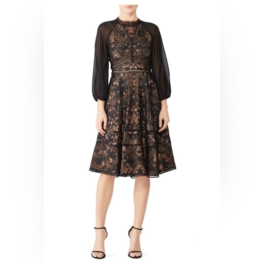 Marchesa Notte Black Lace Nude Illusion Fit & Flare Dress Size 10 Open Back